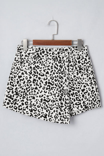 Leopard Denim Buttoned Overlap Shorts