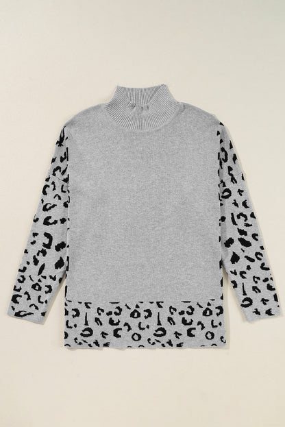 Leopard Mock Neck Side Slit Sweater