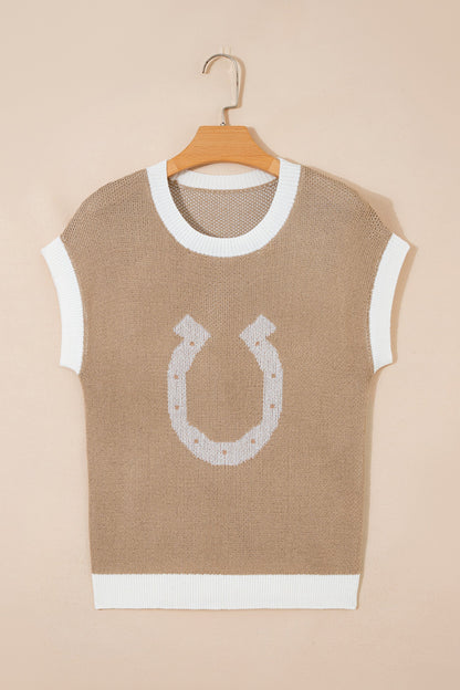 Western Horseshoe Contrast Trim Short Sleeve Sweater