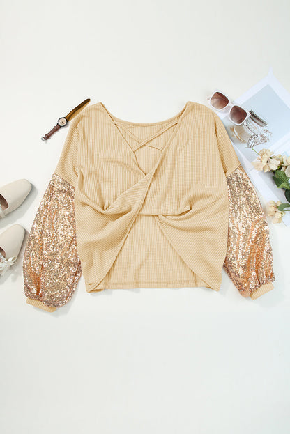 Sequin Patchwork Sleeve Open Back Top