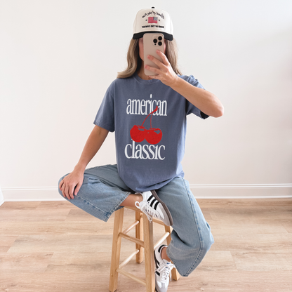 American Classic Cherry Graphic Tee – Retro Red Cherries Design