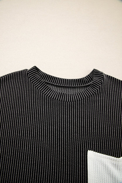 Colorblock Corded Knit Pocketed Crew Neck T-Shirt