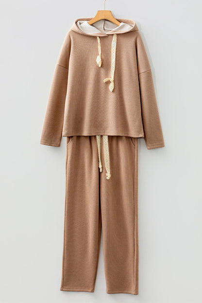 Solid Corduroy Lace Hoodie and Pants Set