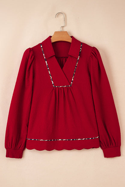 Leopard Contrast Trim V-Neck Textured Blouse