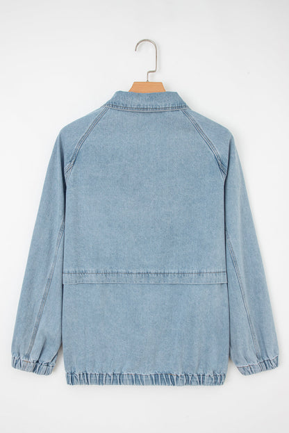 Denim Collared Zip-Up Elastic Edge Pocketed Jacket