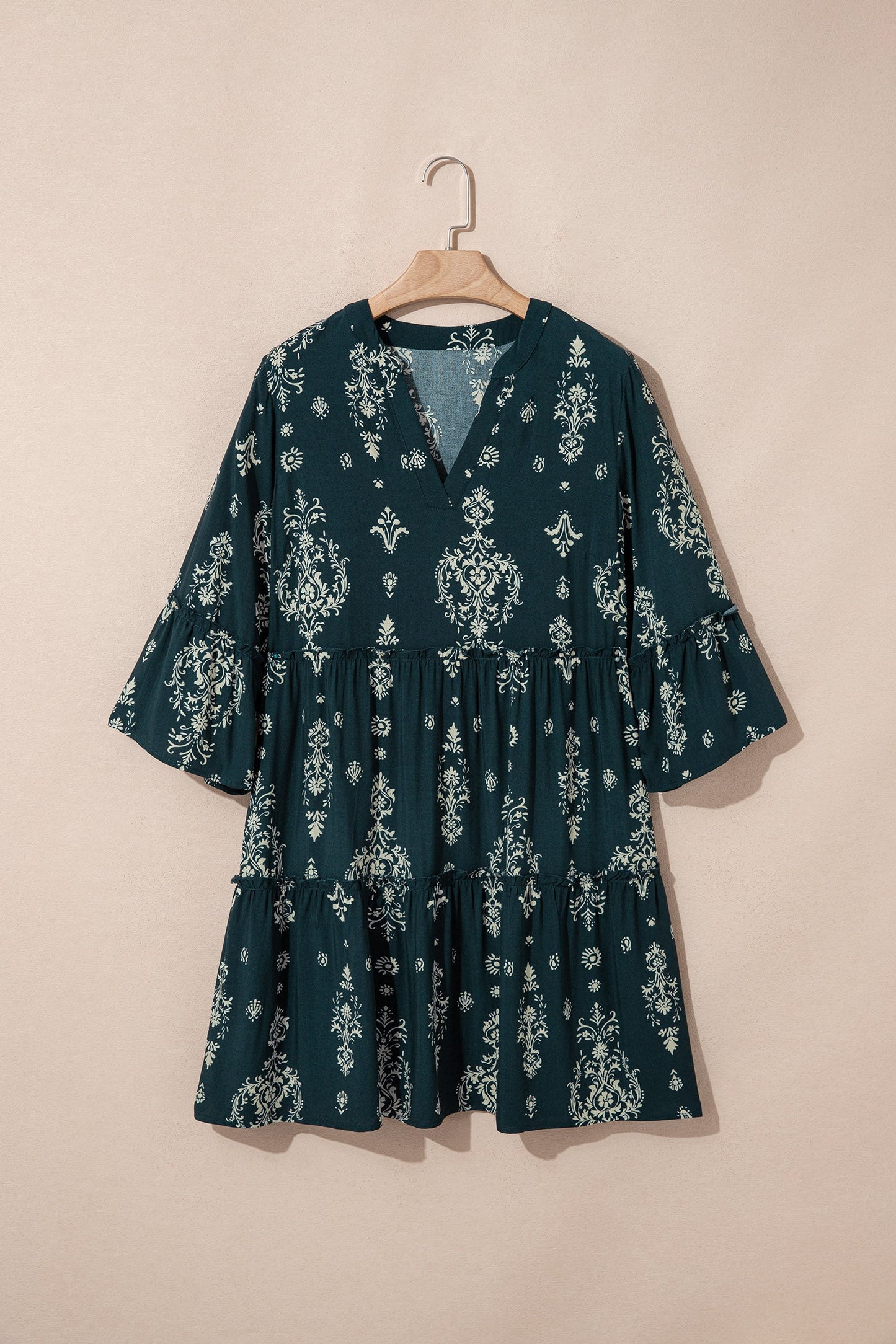 Boho Floral Lettuce Trim 3/4 Sleeve Mini Dress