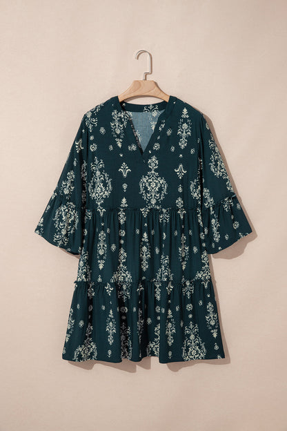 Boho Floral Lettuce Trim 3/4 Sleeve Mini Dress