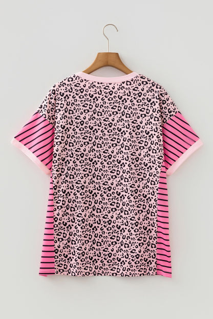 Plus Size Leopard Stripe Contrast Patchwork Tee