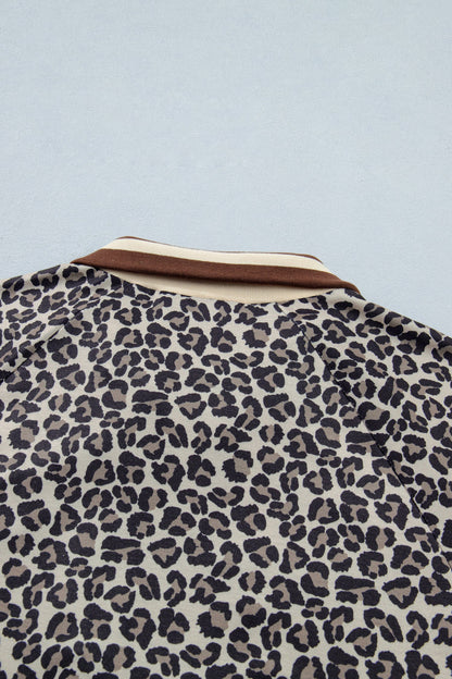 Leopard Half Zip Stripe Trim Short Sleeve Top