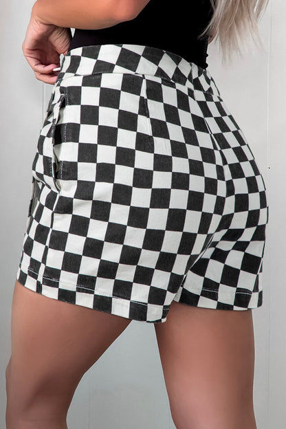 Checker Denim Pocketed Overlap Skort
