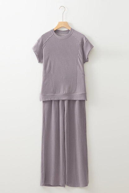 Solid Corded T-Shirt and Pants Set