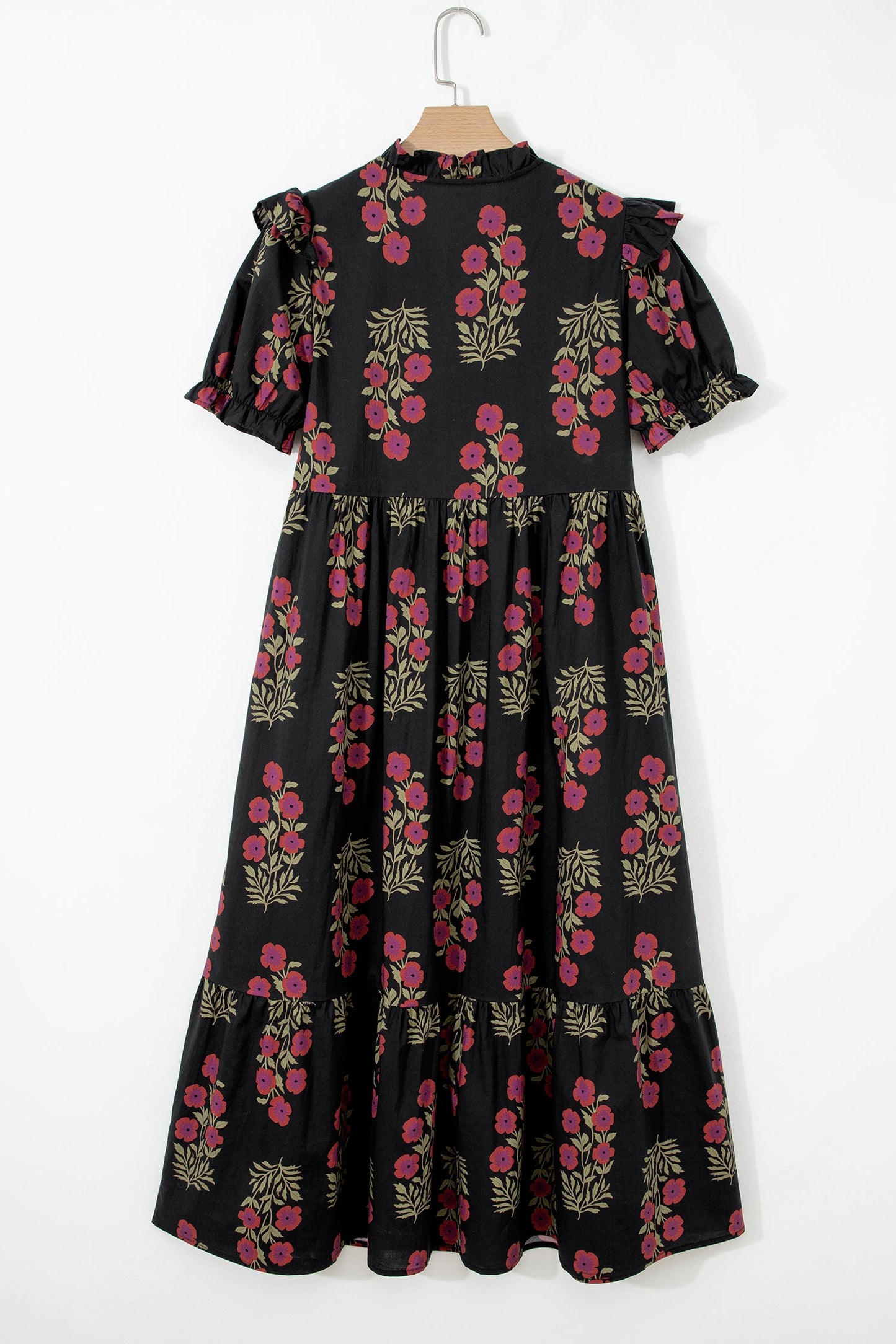 Floral Bubble Sleeve Tiered Maxi Dress