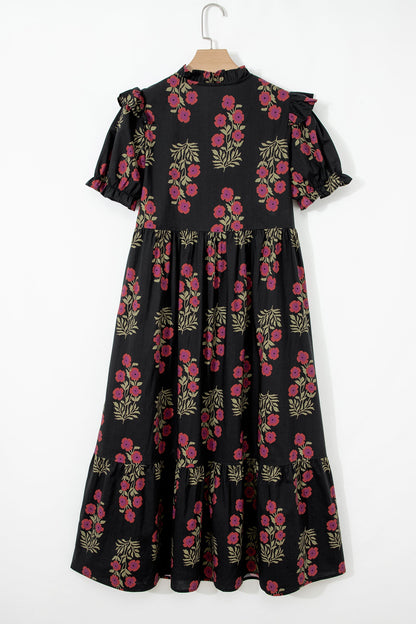 Floral Bubble Sleeve Tiered Maxi Dress