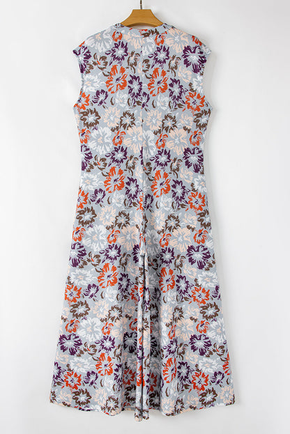 Floral Buttoned Sleeveless Wide Leg Jumpsuit