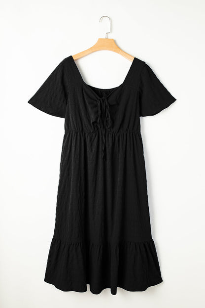 Plus Size Ruched Lace-Up Short Sleeve Midi Dress