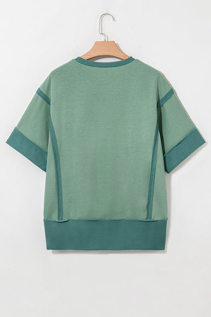 Colorblock 3/4 Sleeve Raw Seam High-Low Top