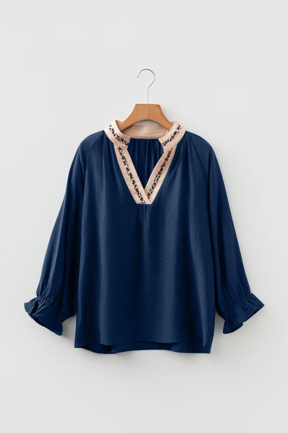 Leopard Trim Flounced  3/4 Sleeve V-Neck Blouse