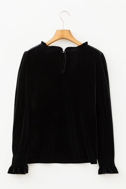 Solid Velvet Frilled Collar Smocked Puff Sleeve Blouse