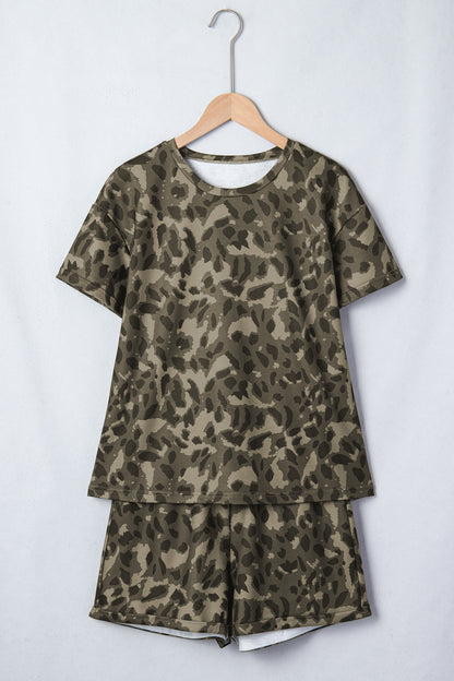 Leopard Crew Neck Tee & High Waist Shorts Set