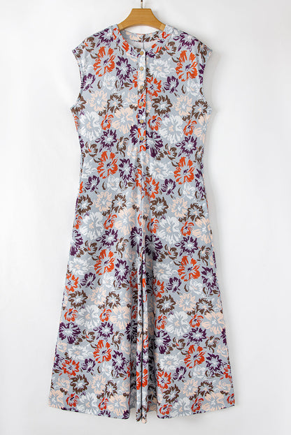 Floral Buttoned Sleeveless Wide Leg Jumpsuit