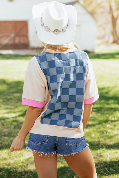 Checker Denim Patchwork Short Sleeve Loose Top