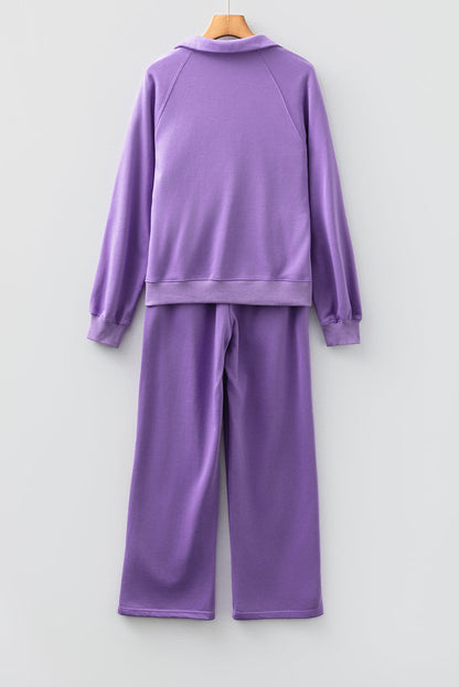 Solid Collared Top and Central Seam Pants Set