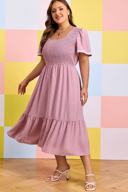 Plus Size Swiss Dot Smocked Flowy Midi Dress