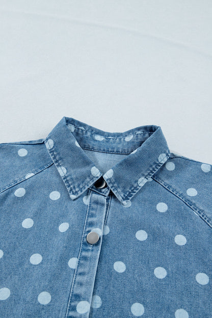 Polka Dot Denim Puff Sleeve Buttoned Dress