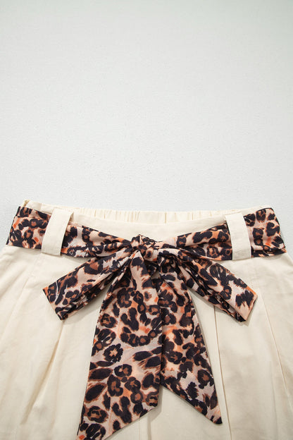 Leopard Contrast Belt Pleated Wide Leg Shorts