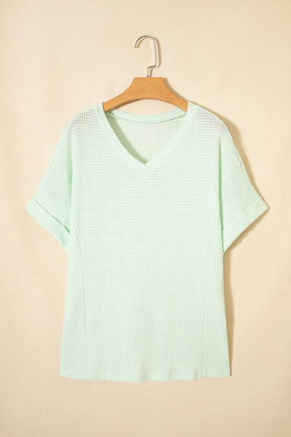 Solid Waffle Knit V-Neck Short Sleeve Top