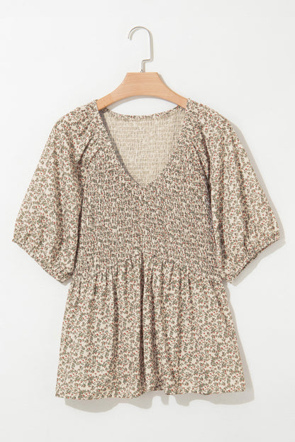 Floral Puff Sleeve Smocked V-Neck Top