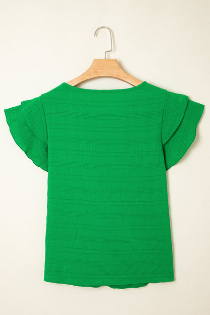 Solid Textured Ruffled Sleeve Round Neck Top