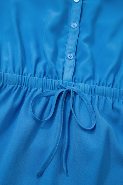Solid Collared V-Neck Elastic Waist Sleeveless Dress