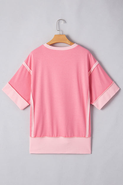 Colorblock 3/4 Sleeve Raw Seam High-Low Top