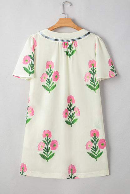 Floral Short Sleeve Split Neck Mini Dress