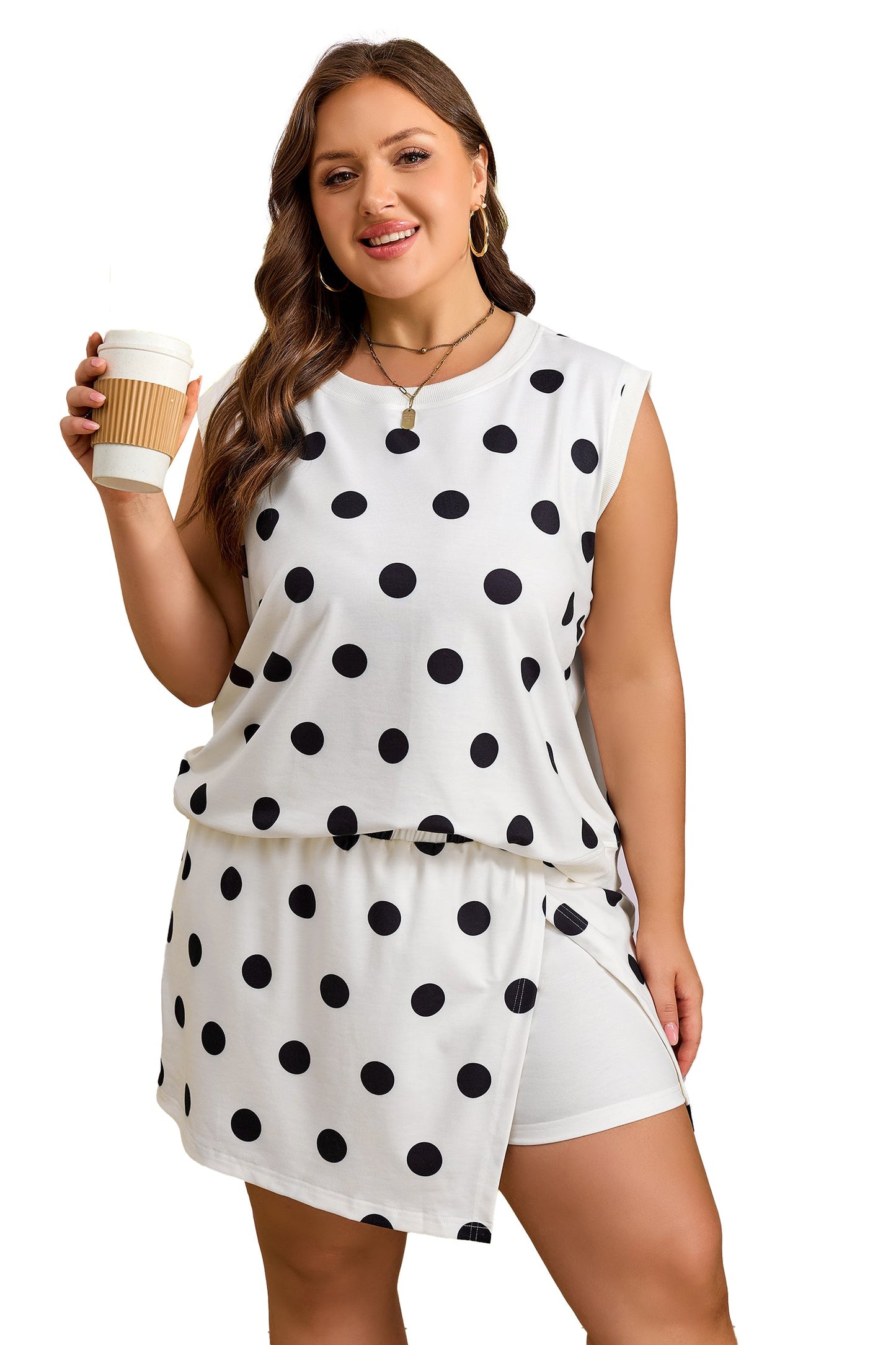 Plus Size Polka Dot Tank & Split Skort Set