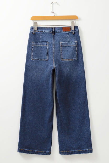 Denim High Waist Patch Pocket Straight Leg Jeans
