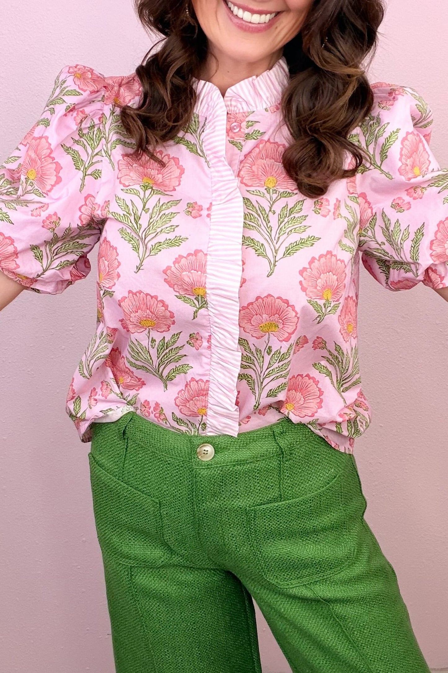 Floral Ruffle Stripe Trim Puff Sleeve Shirt