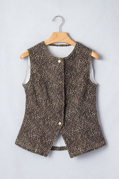 Leopard Denim Button Front Vest