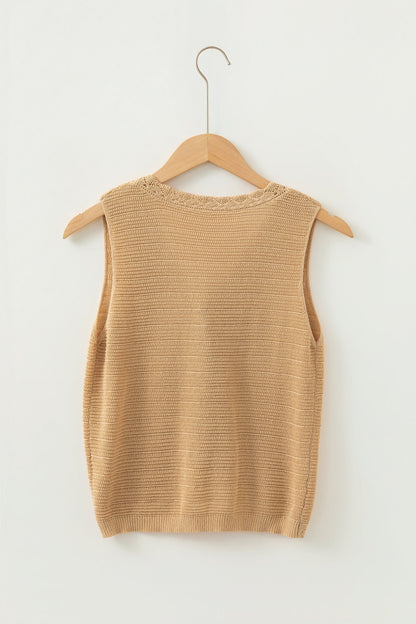 Boho Solid Eyelet Trim Buttoned Sweater Vest