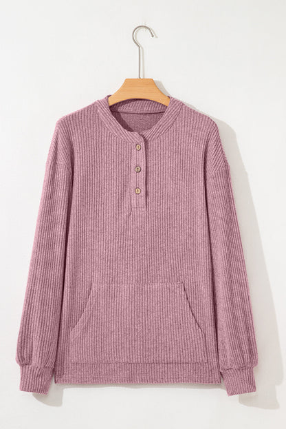 Solid Ribbed Knit Drop Shoulder Henley Top