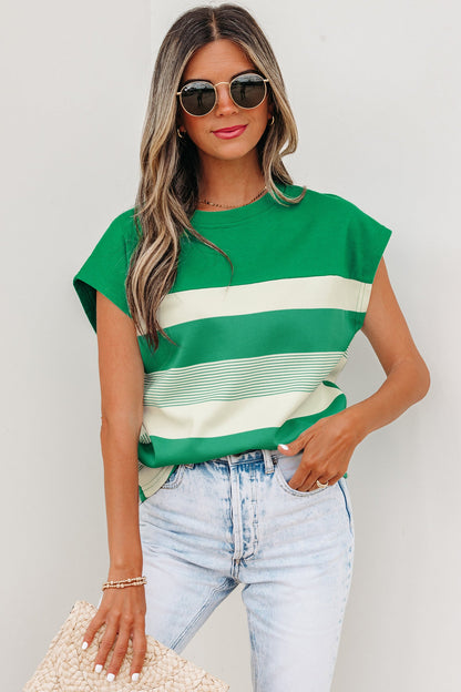 Stripe Mixed Crew Neck Cap Sleeve T-Shirt