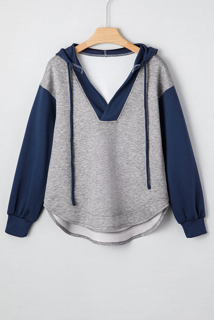 Colorblock Patchwork V-Neck Drawstring Hoodie