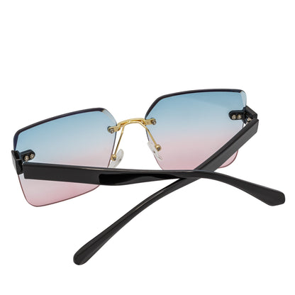 CASCADE - Rimless Oversize Square Sunglasses Black-Gold Blue-Pink Lens