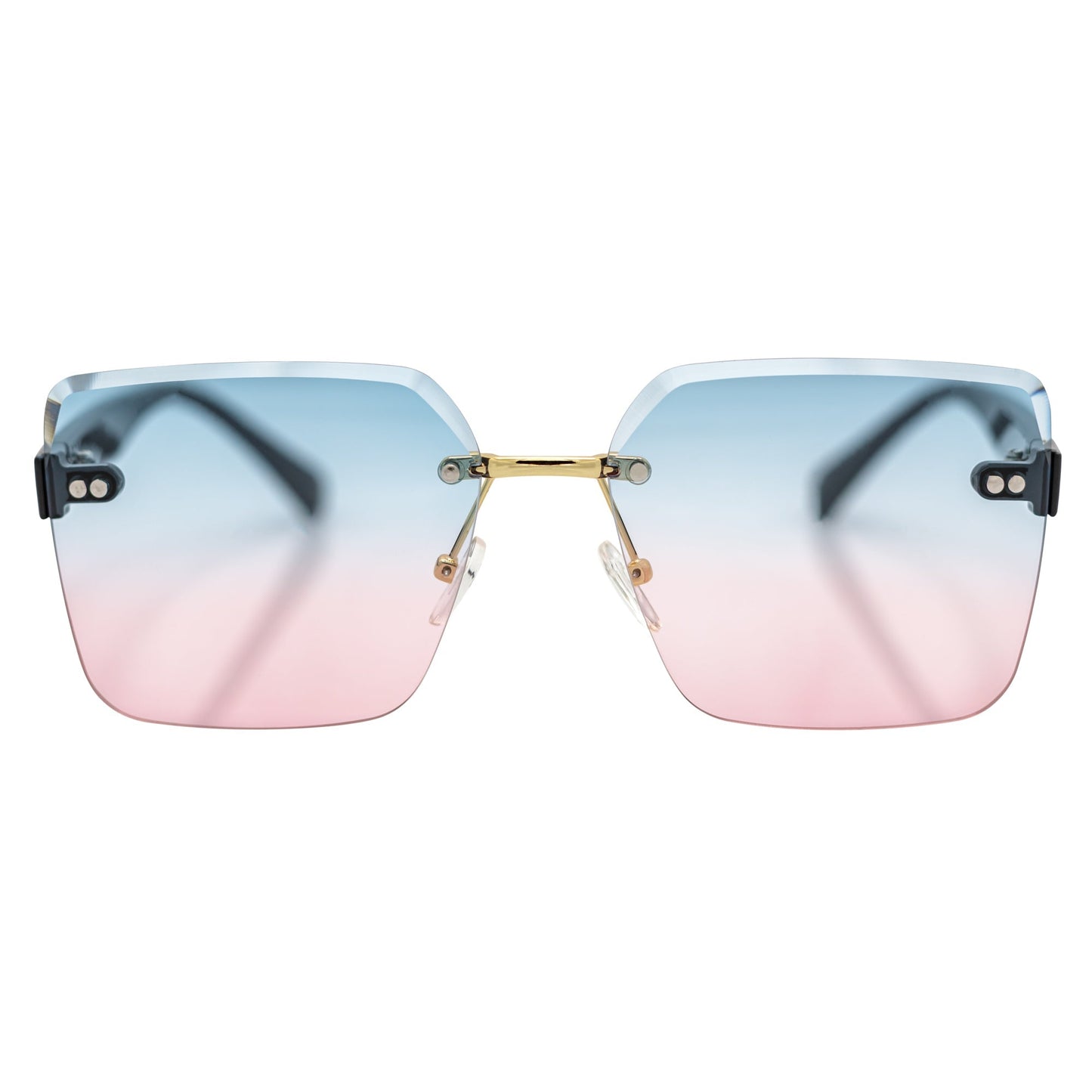 CASCADE - Rimless Oversize Square Sunglasses Black-Gold Blue-Pink Lens