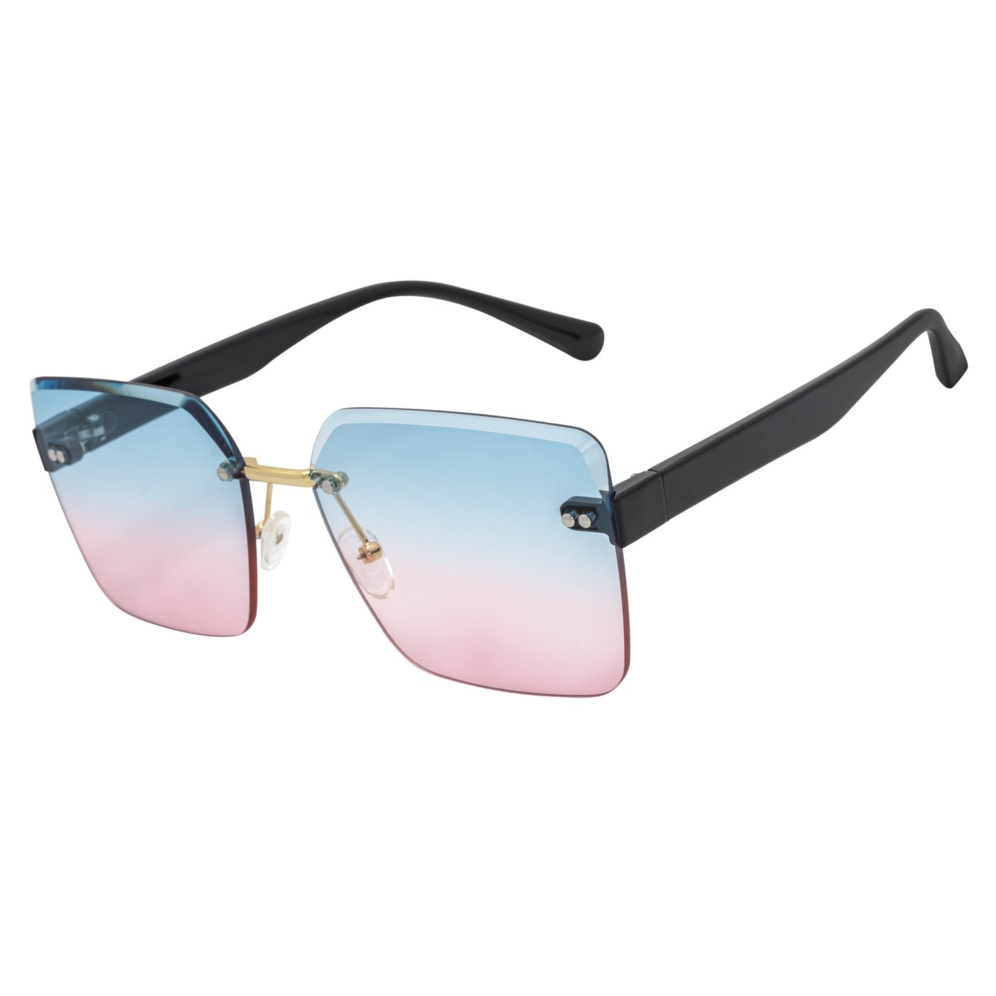 CASCADE - Rimless Oversize Square Sunglasses Black-Gold Blue-Pink Lens
