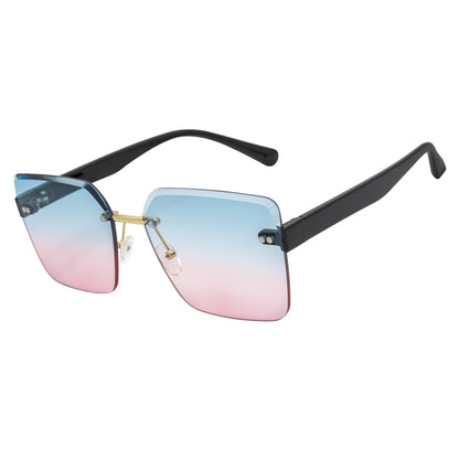 CASCADE - Rimless Oversize Square Sunglasses Black-Gold Blue-Pink Lens