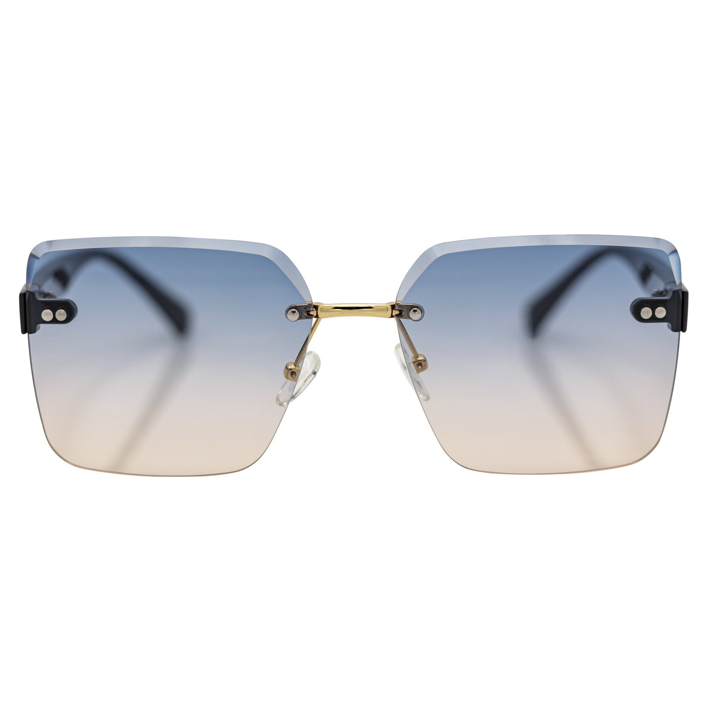 CASCADE - Rimless Oversize Square Sunglasses Black-Gold Blue-Tan Lens