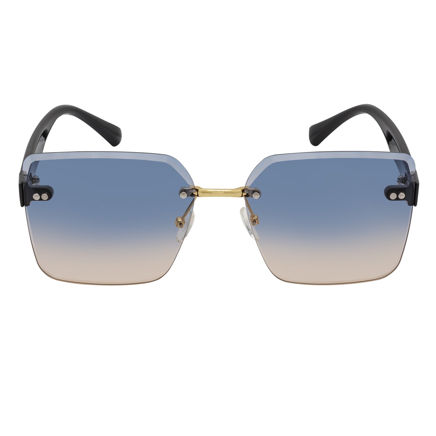 CASCADE - Rimless Oversize Square Sunglasses Black-Gold Blue-Tan Lens