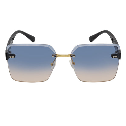 CASCADE - Rimless Oversize Square Sunglasses Black-Gold Blue-Tan Lens
